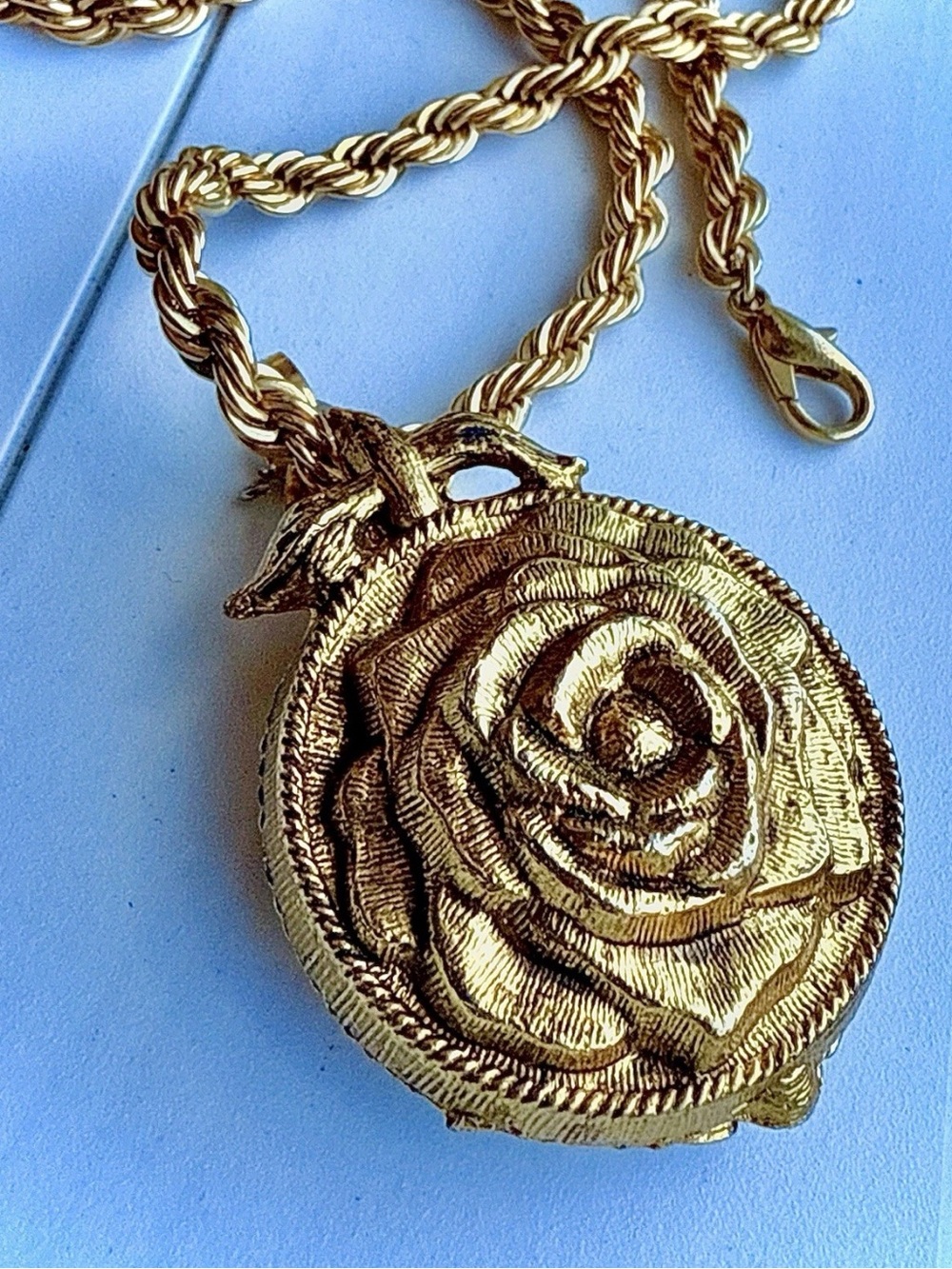 Vintage Signed Callejero Gold Tone Rose Solid Perfume Locket Pendant 42g MCM